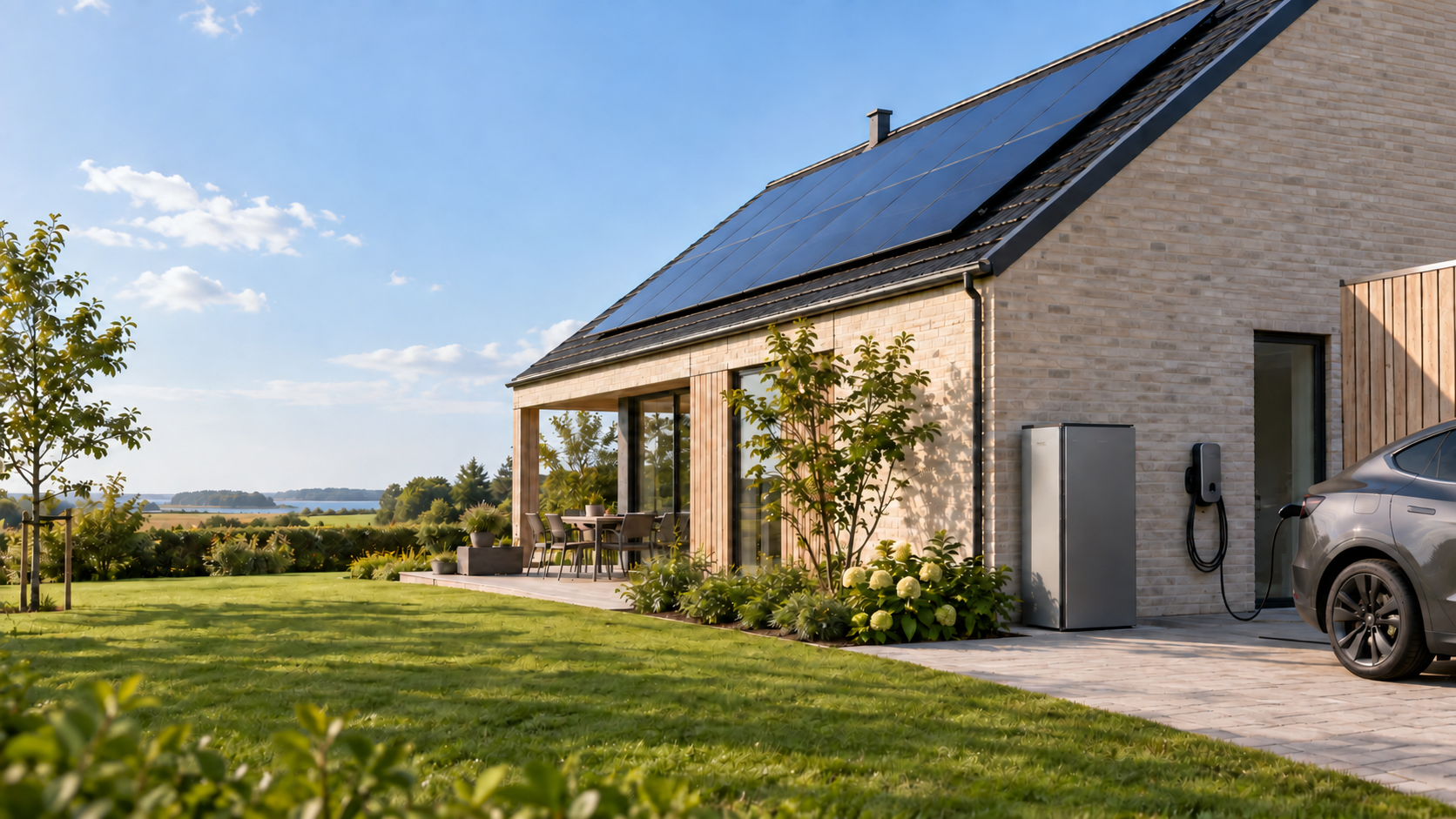 Danish home with rooftop solar panels, battery storage and an EV charger